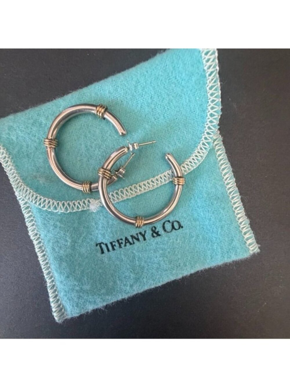 Tiffany & Co. Sterling Silver 14K Gold Wrap Hoop Earrings W/Pouch Vintage 1980s
